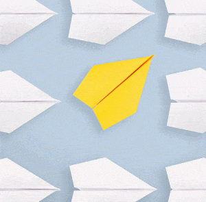 yellow paper airplane going another direction from the other white paper airplanes for change management service page