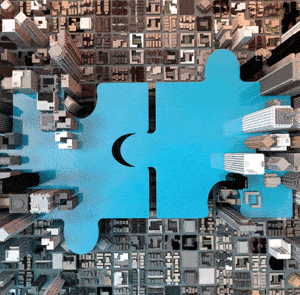 puzzle pieces merging buildings together