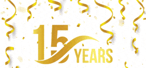 15 years writing with gold confetti for IPM 15th anniversary news