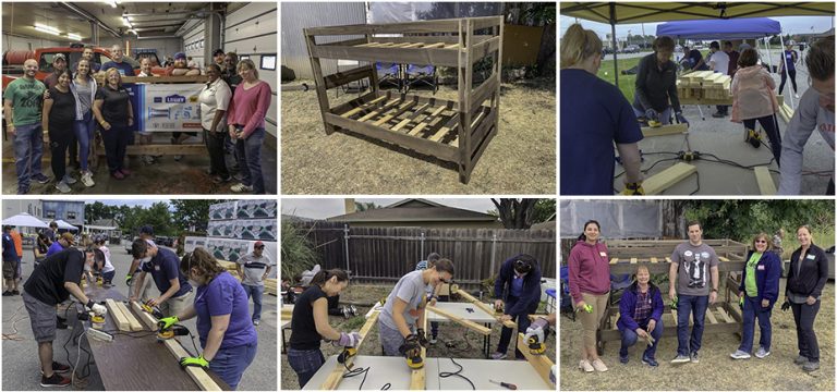 IPMers volunteering to make bunk beds for children