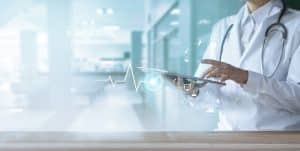 Healthcare and technology, Doctor using digital tablet with icon medical network on hospital background