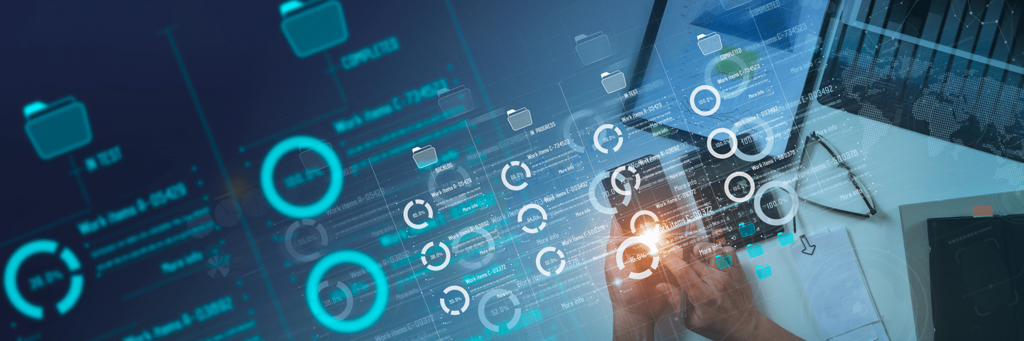 Layered image showing digital files, workflows, and progress on goals. Concept of optimizing business processes and technology.