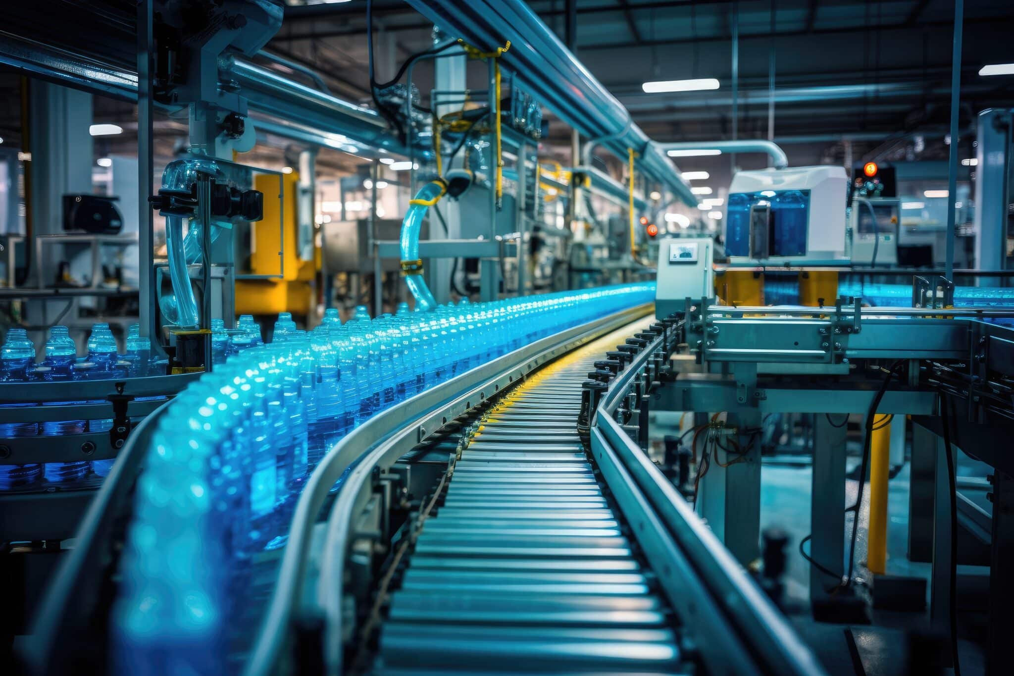 production line at beverage manufacturing company, bottles on a conveyor belt at a factory