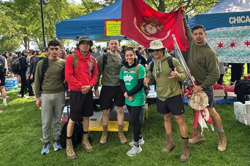 Veterans and their families take part in a charity walk for suicide prevention